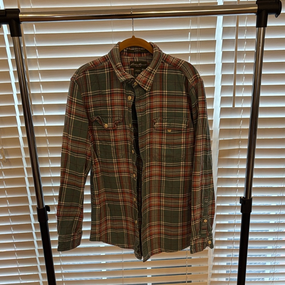 Eddie Bauer Green and Red Plaid Casual Shirt